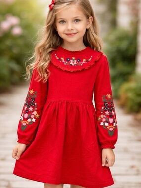 Mini Boden Red Embroidered Long-Sleeve Casual Dress 9/10